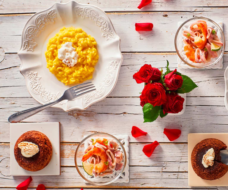 Menù: Risotto zafferano e burrata, insalata di mare e tortino al cioccolato con cuore morbido (Bimby Friend)