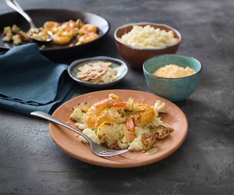 Cauliflower risotto with brown butter prawns 