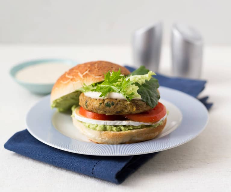 Lentil and chickpea burger with tahini dressing