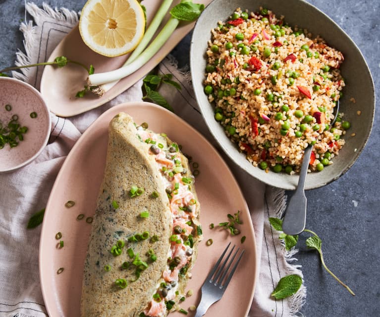 Kasza bulgur z warzywami; Omlet z wędzonym łososiem