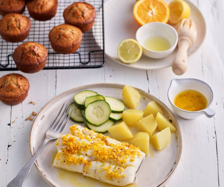 Menù: Merluzzo con patate e zucchine; burro agli agrumi e muffin al cioccolato