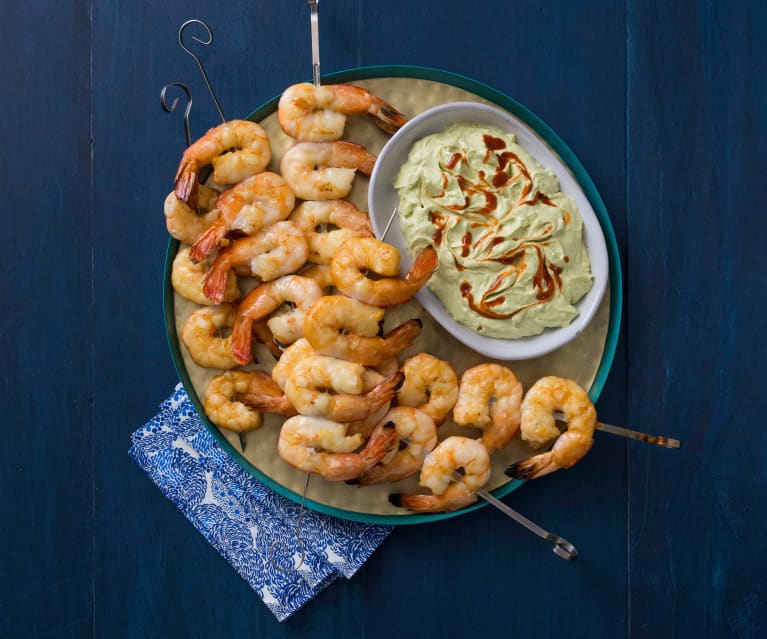 Smoked prawn kebabs with avocado whip