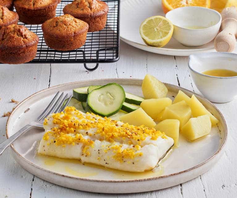 Menü: Kabeljau mit Zitrusbutter und Kartoffeln und Schokoladen-Muffins