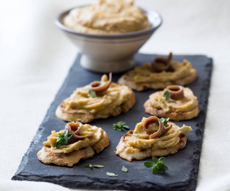 White bean purée and anchovy on crostini