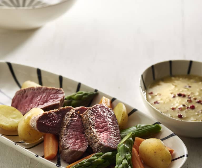 Lamb loin with pink peppercorn sauce