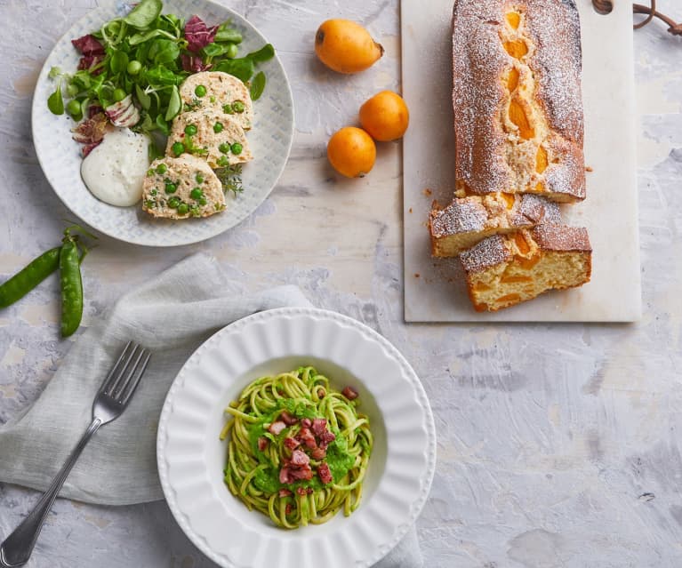 Menù: Sformato di salmone; Bavette alla crema di piselli e pancetta; Plumcake alle nespole (Bimby Friend)