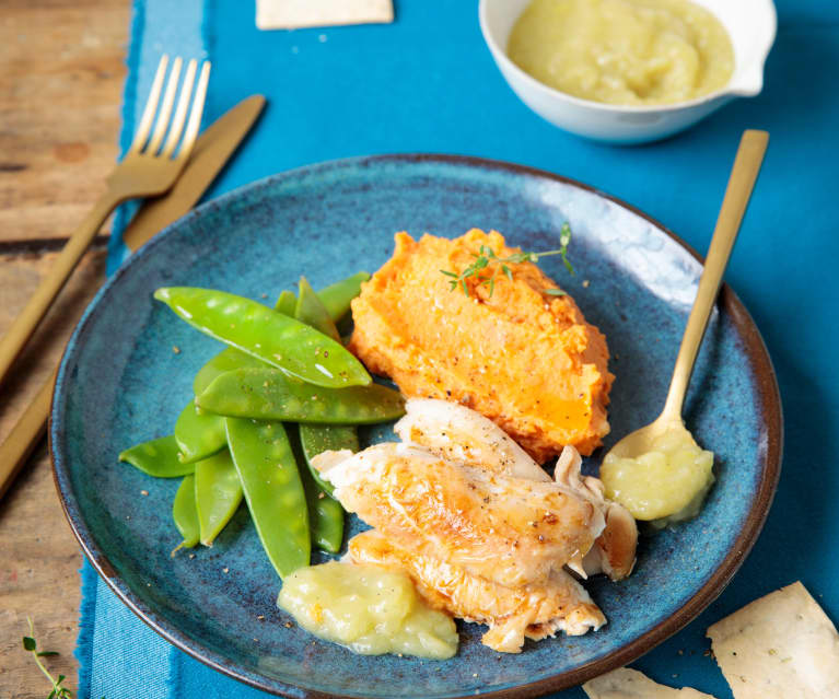 Lapin, pois mange-tout et purée de patate douce au lait de coco