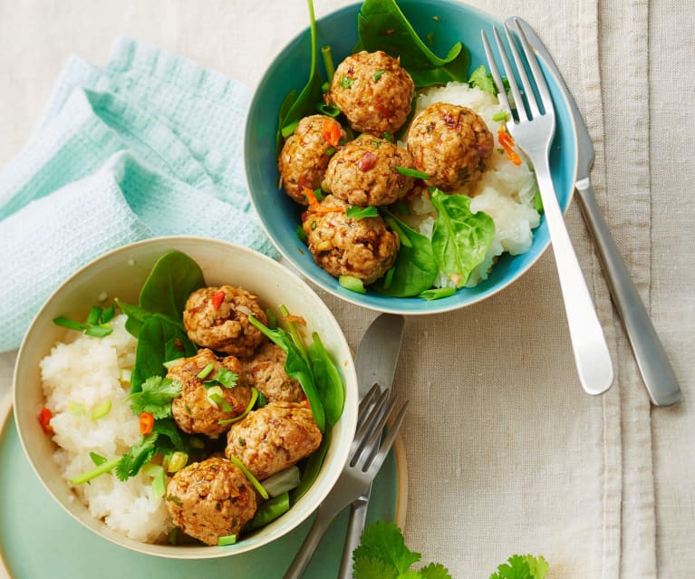 Boulettes de porc, riz gluant et sauce soja-balsamique