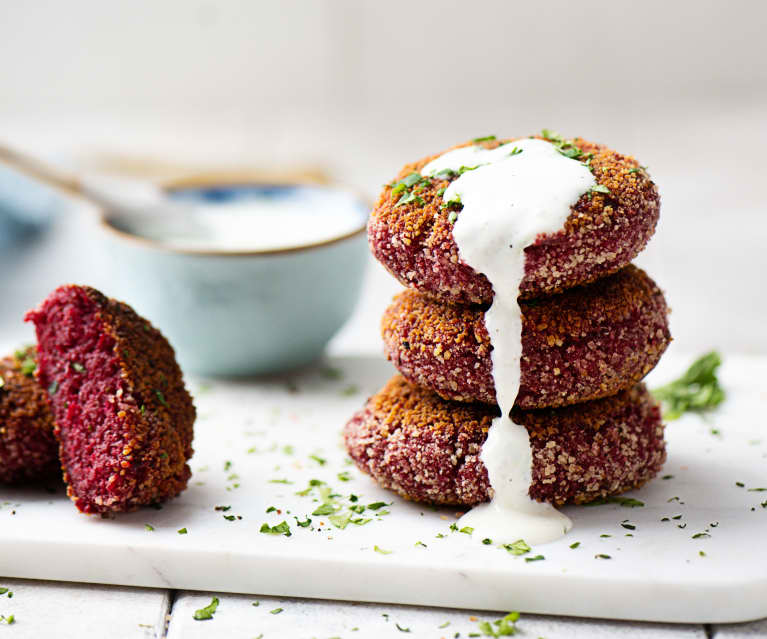 Beetroot potato patties with yoghurt dip