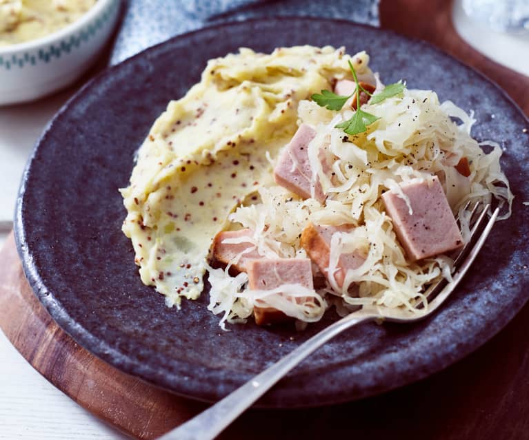 Leberkäse-Sauerkraut mit Dijon-Senf-Püree