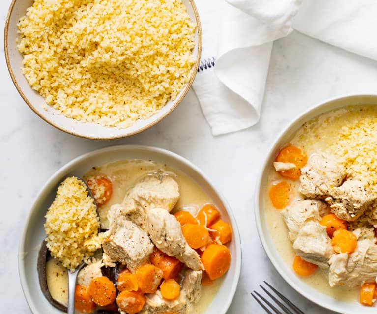 Blanquette de dinde à la vanille, boulgour aux carottes