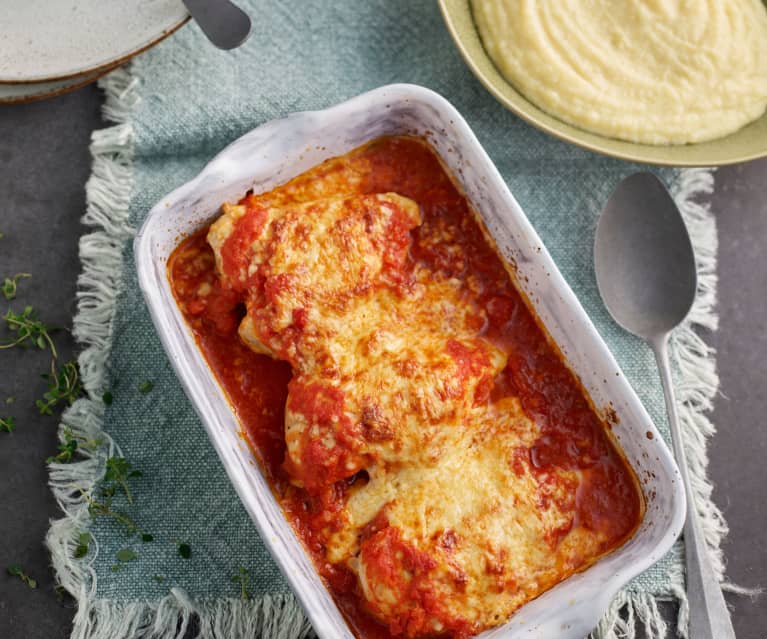 Petto di pollo alla pizzaiola con purè di patate e sedano rapa