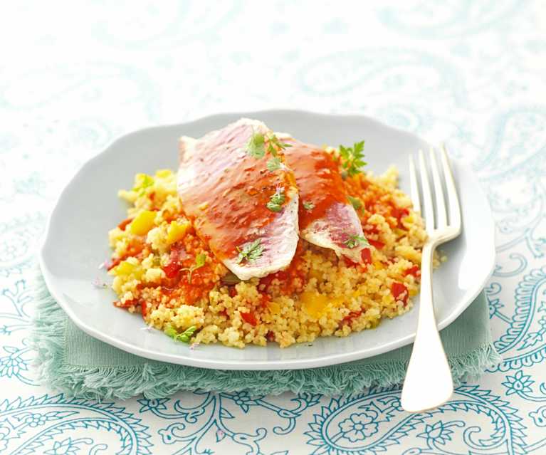 Couscous van zeebarbeel met paprika