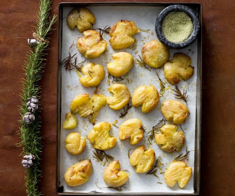 Smashed roasted potatoes with rosemary salt