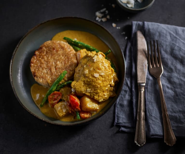 Caril de frango com ananás e arroz caribenho