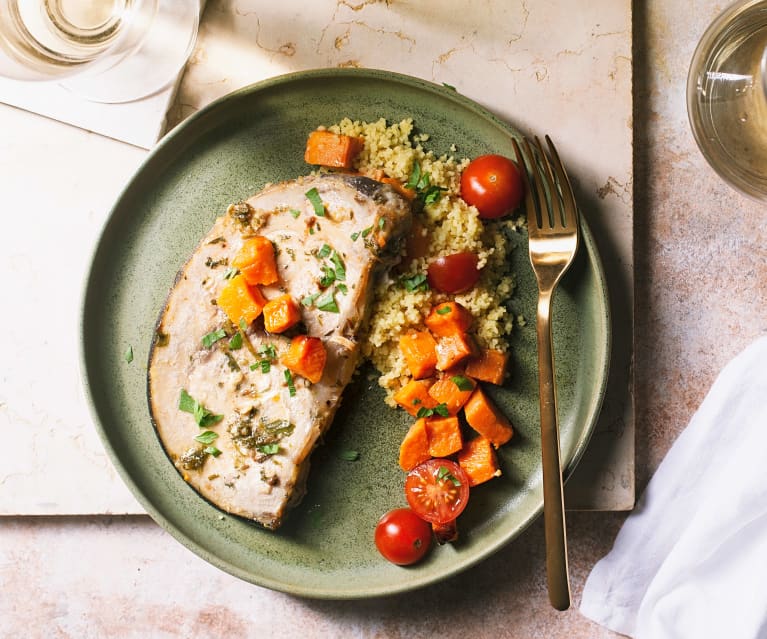 Pez espada con salsa chermoula y cuscús