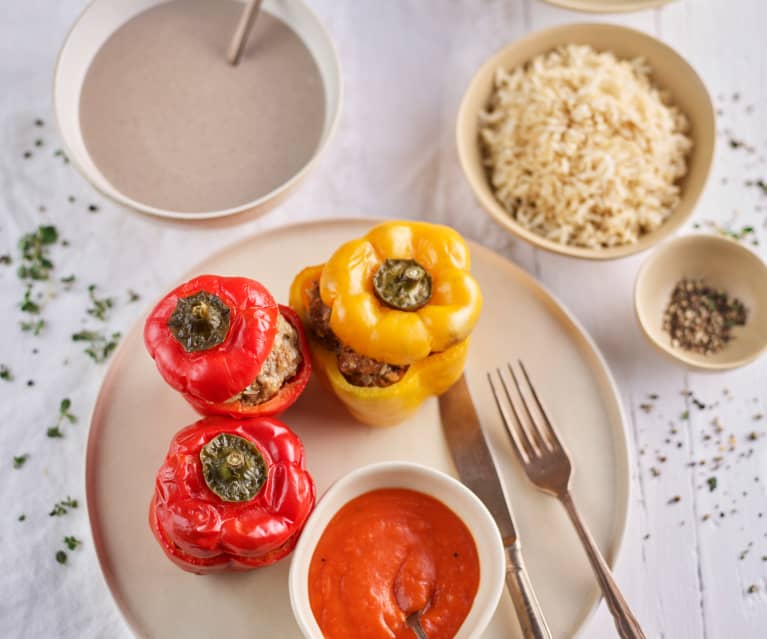 Creamy Mushroom Soup; Stuffed Peppers with Rice and Tomato Sauce