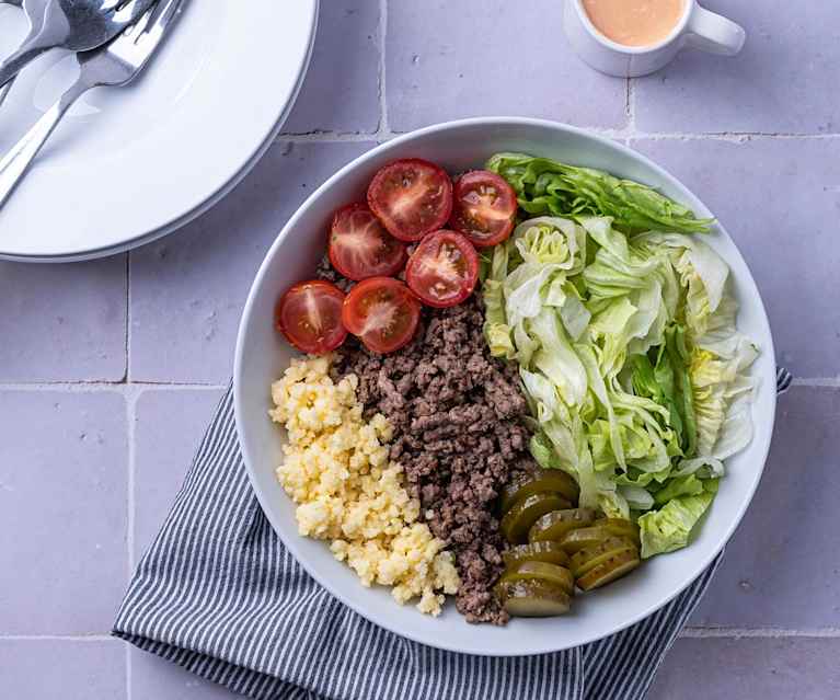 High protein "Big Mac" style burger bowl