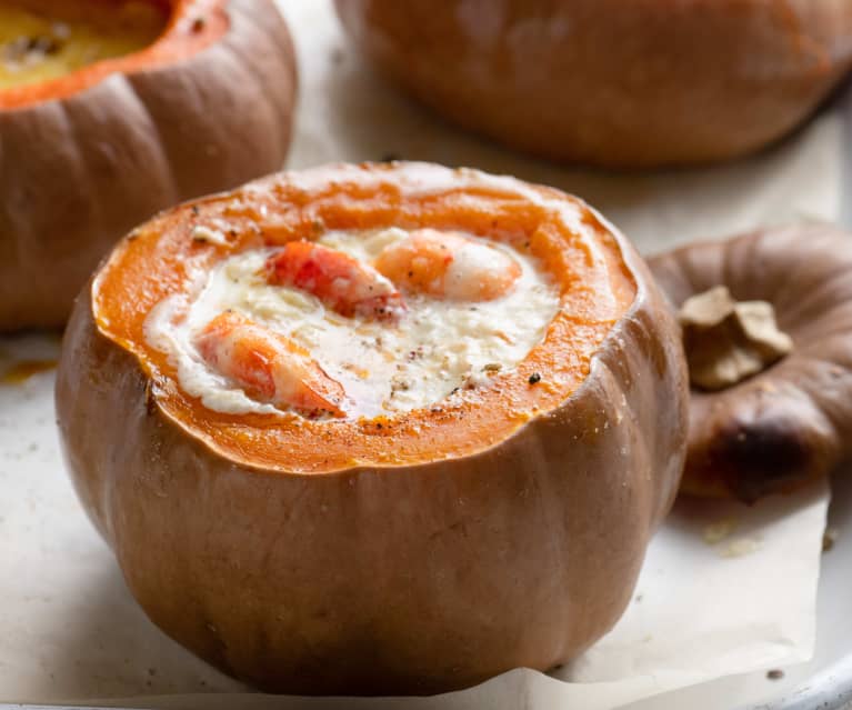 Fonduta di zucca con gamberi insaporiti