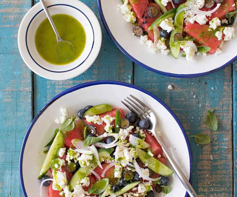 Ensalada de sandía con vinagreta de albahaca y menta