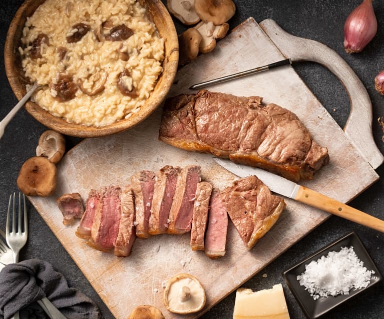 Steak avec risotto aux champignons