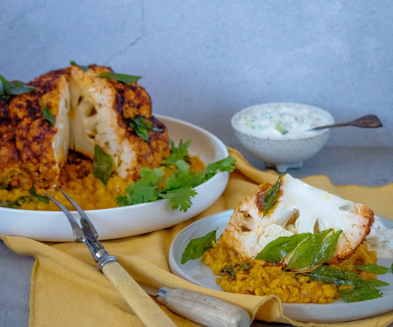 Tandoori Cauliflower with red lentil dahl and raita