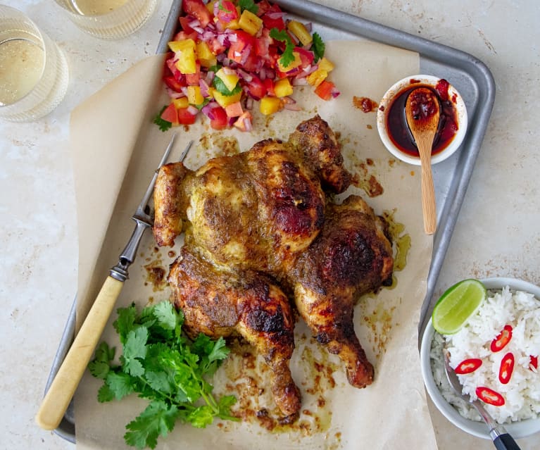 Butterflied chicken with chilli oil and pineapple salsa (Darren Robertson)