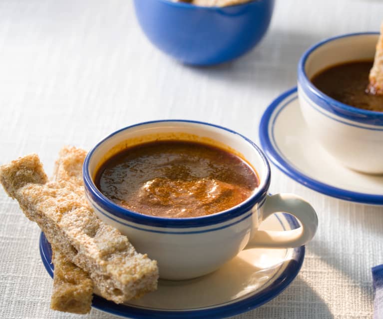 Chocolate con picatostes (Focaccia con dip de morcilla)