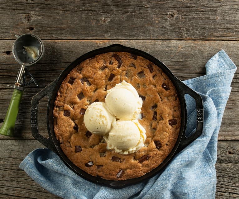 Chocolate Chunk Skillet Cookie with Vanilla Ice Cream - Dad With A Pan