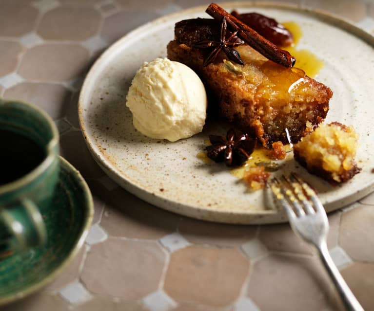 Date, orange and olive oil cake with salted white chocolate ice cream (Shane Delia) Date, orange and olive oil cake with salted white chocolate ice cream (Shane Delia)