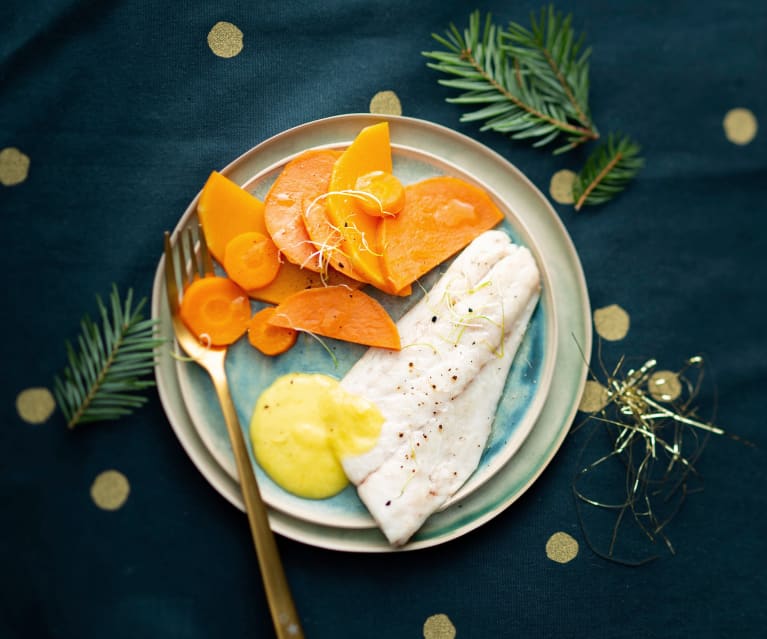 Bar vapeur, sauce à la mangue et légumes d’hiver