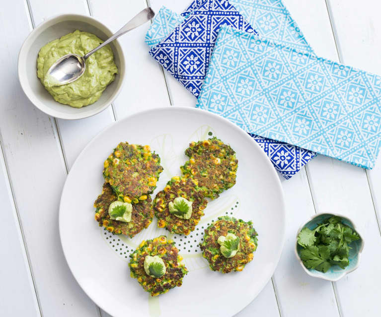 Corn and coriander fritters with avocado tahini