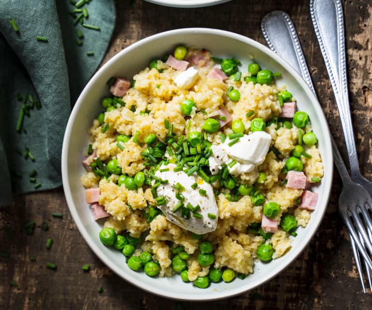 Risotto de boulgour aux petits pois, ricotta et jambon