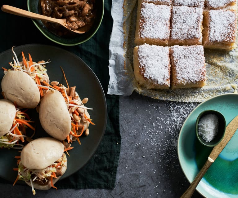 Piquenique: Pães a vapor com frango asiático e bolo de coco molhadinho