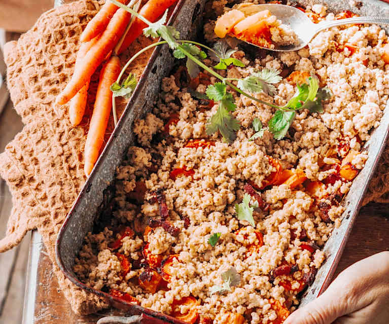 Crumble de carottes rôties aux lardons fumés et éclats de pistache