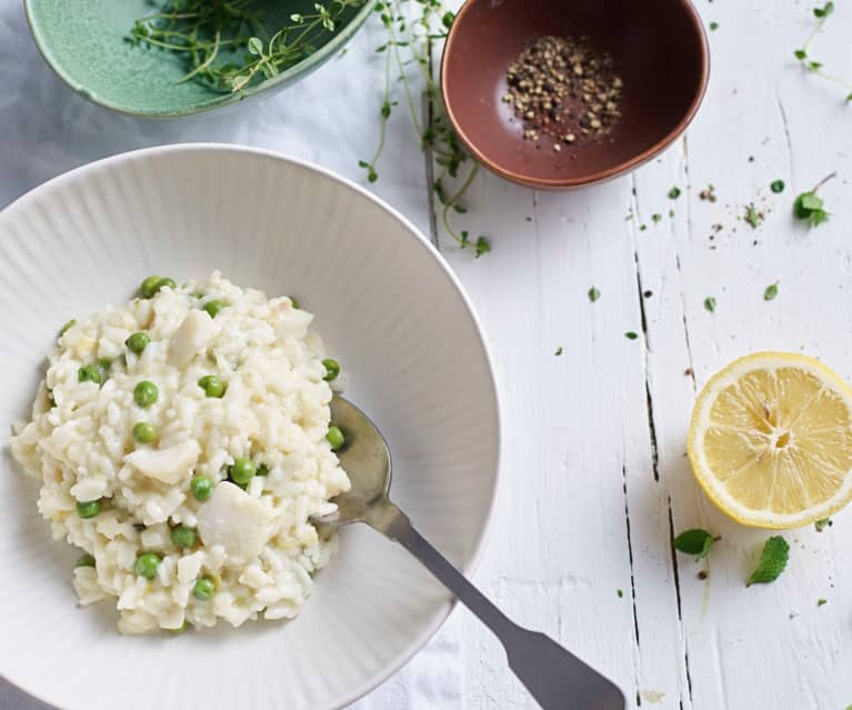 Risotto de bacalao y chícharos con menta