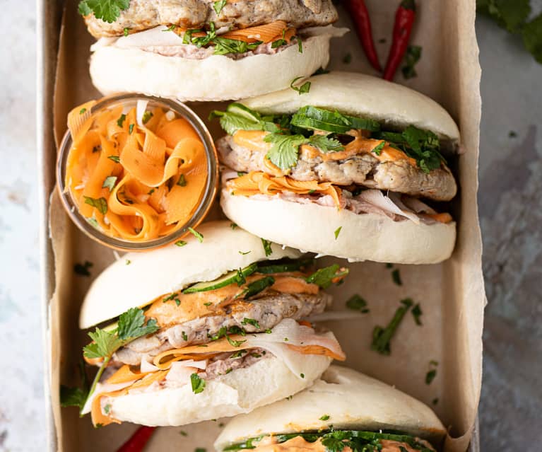 Steamed bánh mì burgers with pickled carrots