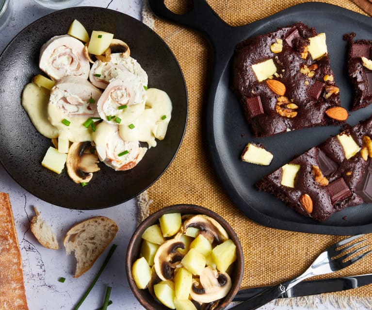 Ballotine de poulet, pommes de terre vapeur et galette au chocolat