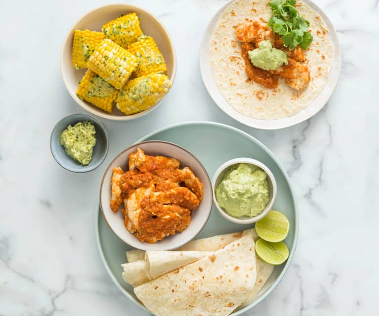 Chilli chicken with corn and avocado cream