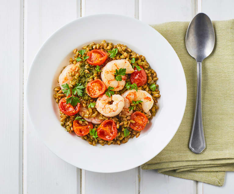 Farro pomodorini e gamberi con pesto di prezzemolo (Modalità Cuoci riso)