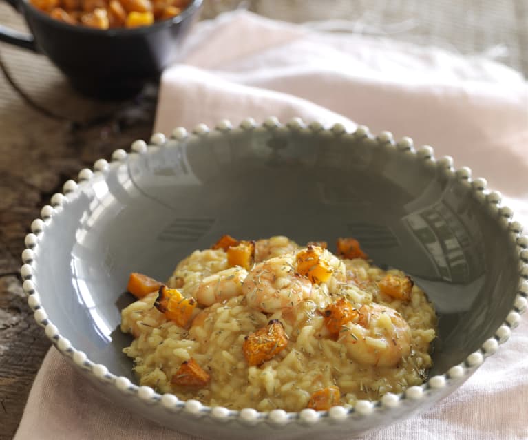 Risoto de abóbora, caril e camarão