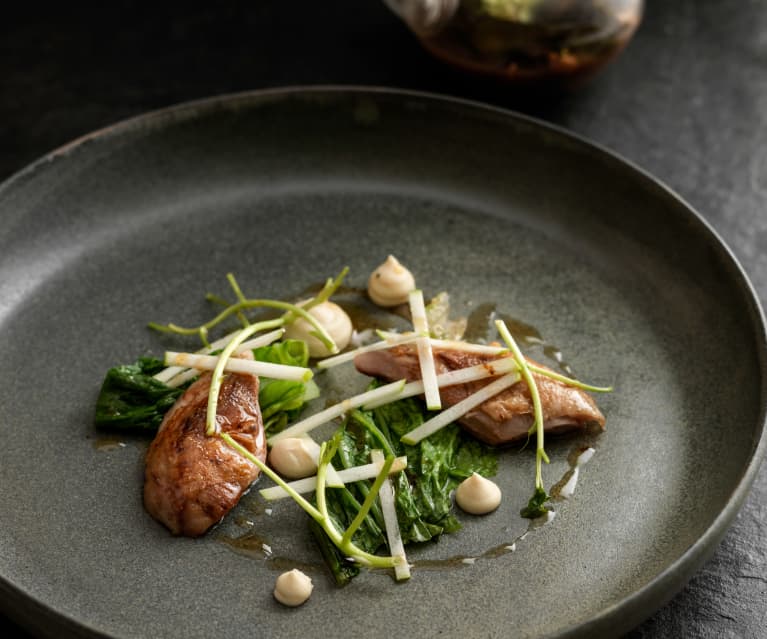 Steamed Seared Quail, Celeriac Tea, Celeriac and Apple