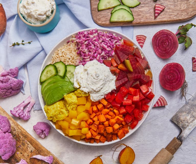 Bowl multicolor con aguacate, Receta