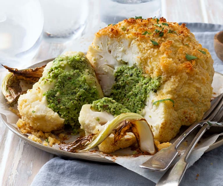 Hazelnut and herb stuffed cauliflower