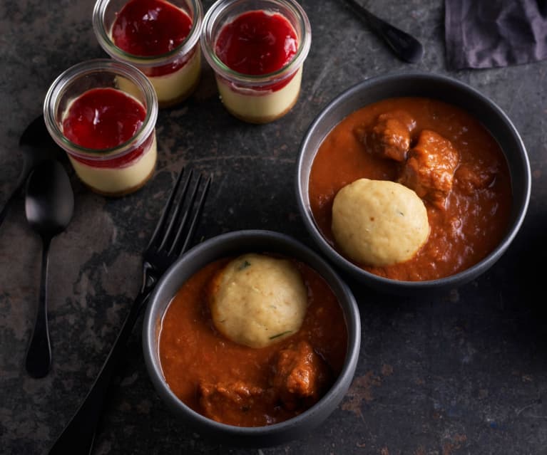 Beef Goulash with Bread Dumplings; Individual Cheesecakes Beef Goulash with Bread Dumplings; Individual Cheesecakes