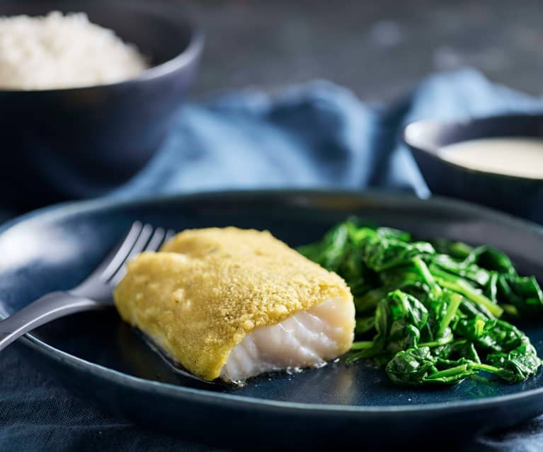 Kabeljau mit Kräuterkruste, Reis und Zitronensauce