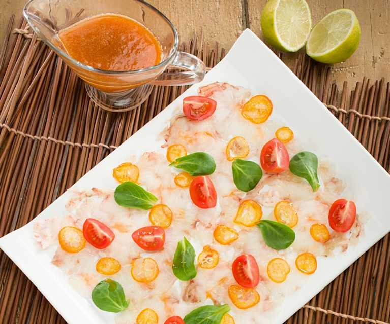 Carpaccio de gambón con kumquats caramelizados Carpaccio de gambón con kumquats caramelizados