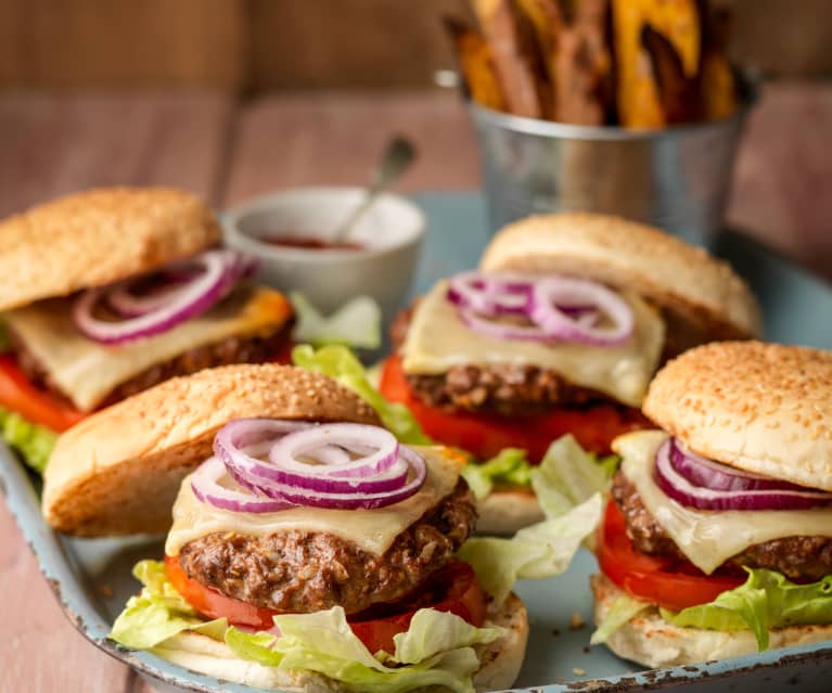 Lighter Burgers with Sweet Potato Wedges