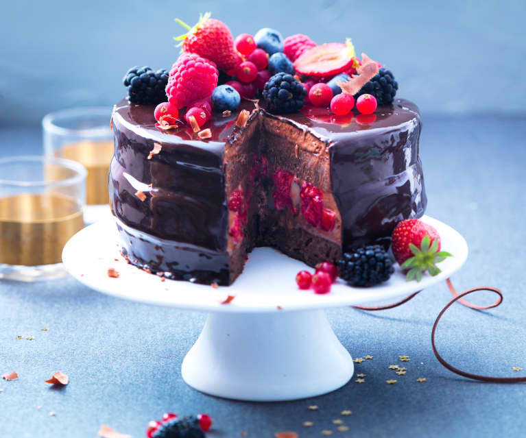 Bavarois chocolat, caramel et fruits rouges