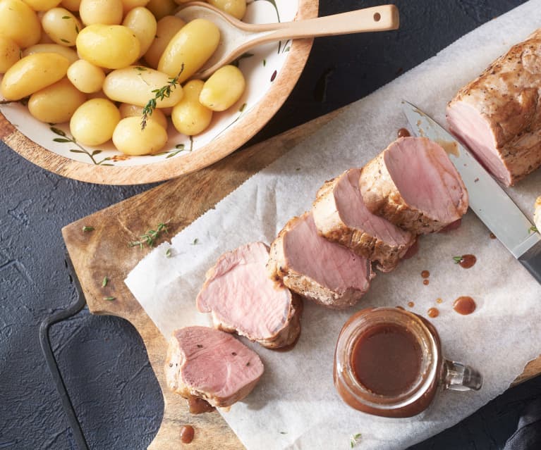 Filet mignon de porc au jambon cru et petits légumes facile